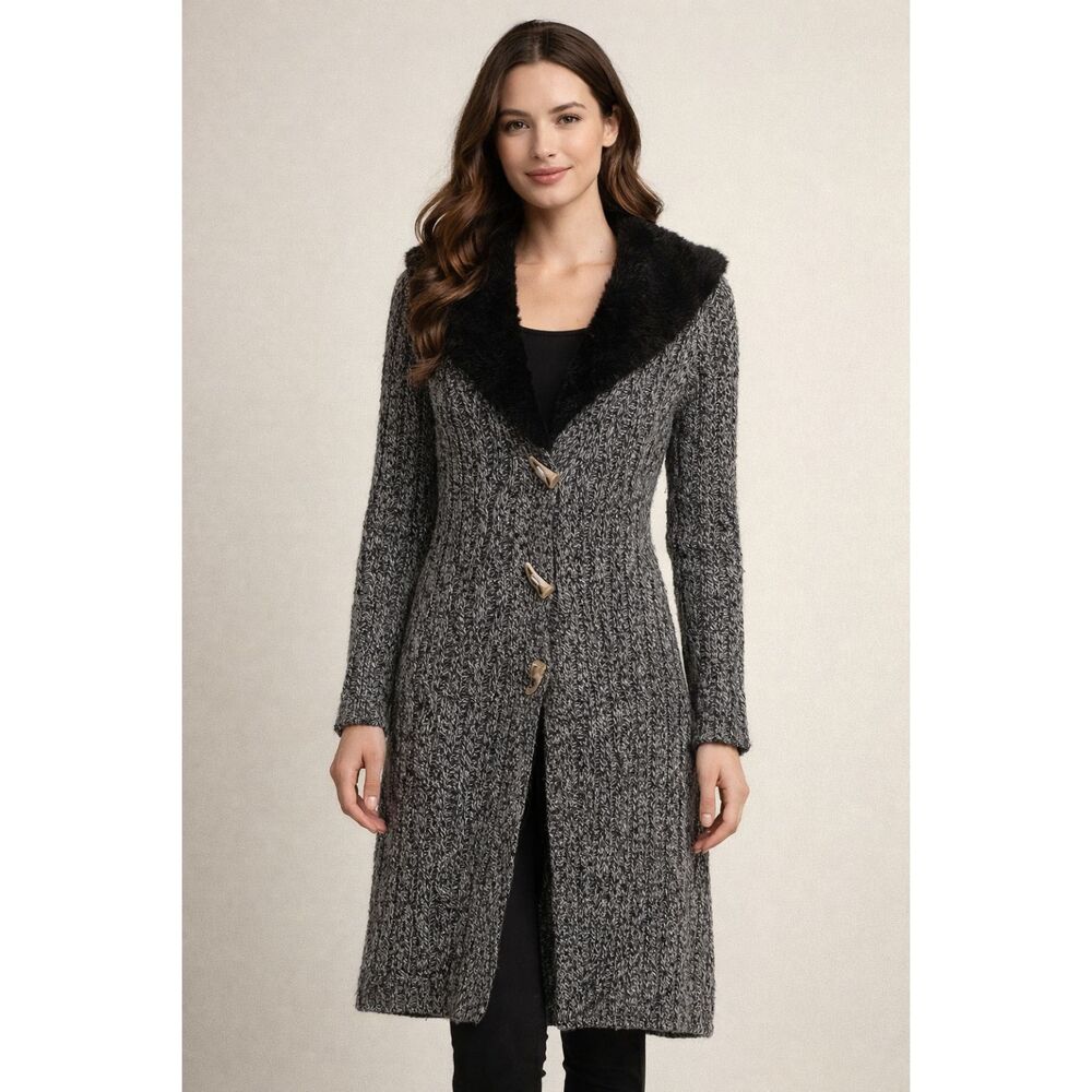NILS Sportswear Women’s Long Knit Cardigan Sweater Wood Blend Faux Fur Collar S